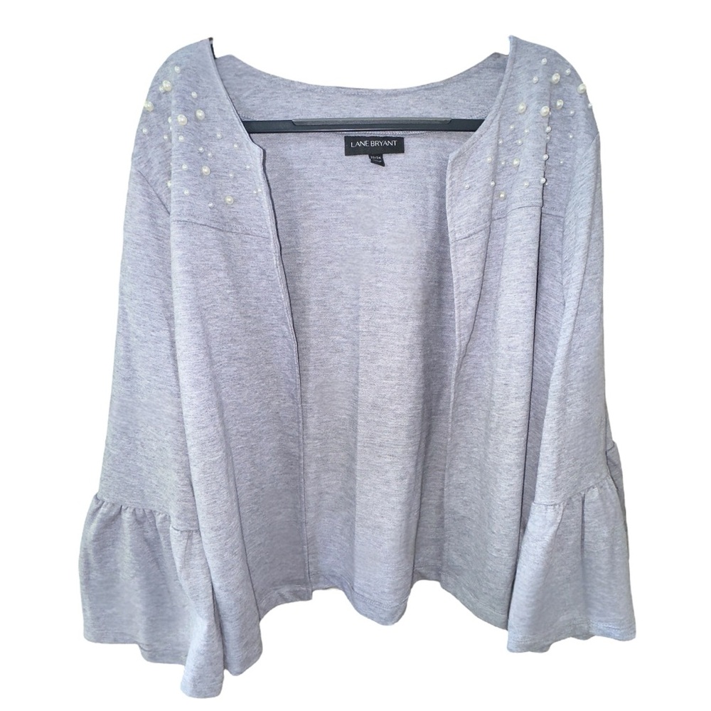 Lane Bryant Pearl Embellished Ruffle Sleeve Cardigan Gray Size 22/24 Open Front